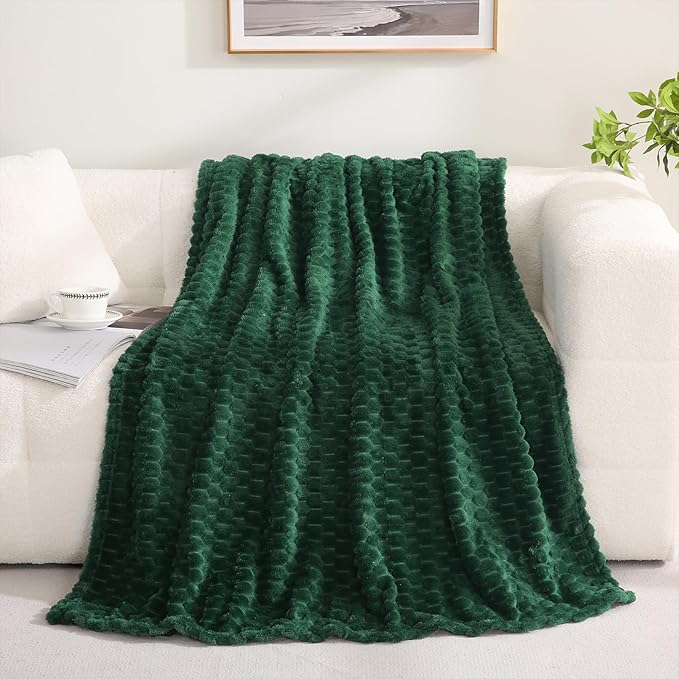 Puncuntex Dark Green Throw Blanket 90"×90" inches Fuzzy 3D Jacquard Decorative - Image 2