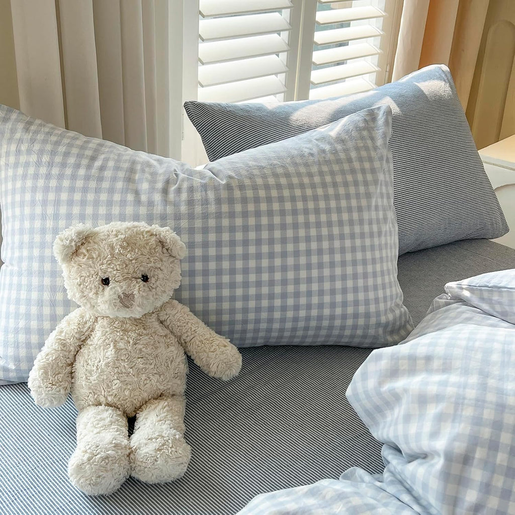 mixinni Gingham Comforter Set Full Size - 3 Piece Light Blue Plaid Farmhouse Bedding, Soft Washed Cotton All-Season Comforter & Pillow Shams, Grid Pattern Classic Style for Boys Girls
