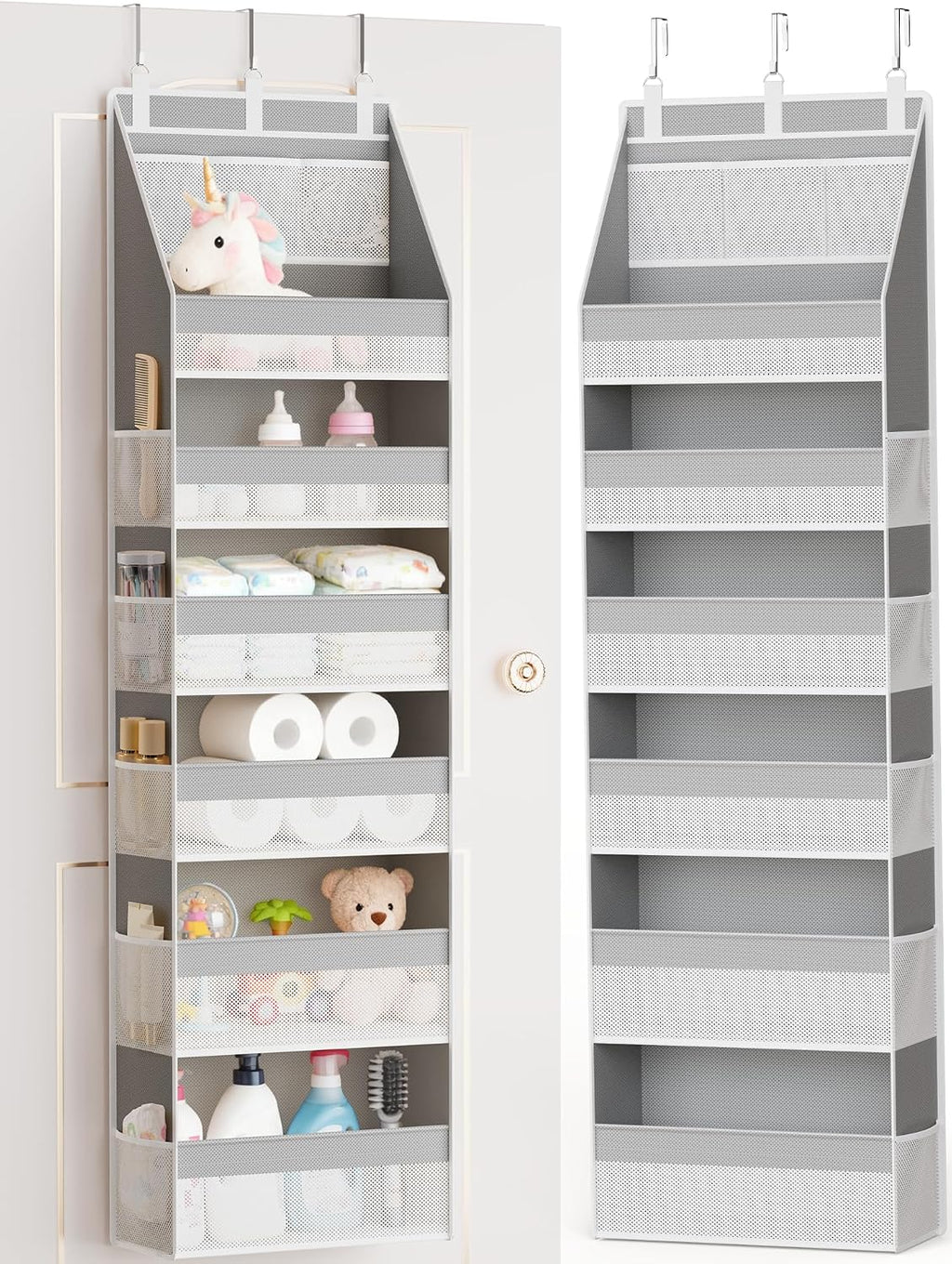 Criusia Over The Door Organizer, Heavy-Duty 6-Shelf Hanging Storage with 13 Mesh Pockets, 55lbs Capacity Behind The Door Storage for Nursery, Bathroom, Bedroom, and Dorm, Grey