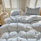 mixinni Gingham Comforter Set Full Size - 3 Piece Light Blue Plaid Farmhouse Bedding, Soft Washed Cotton All-Season Comforter & Pillow Shams, Grid Pattern Classic Style for Boys Girls