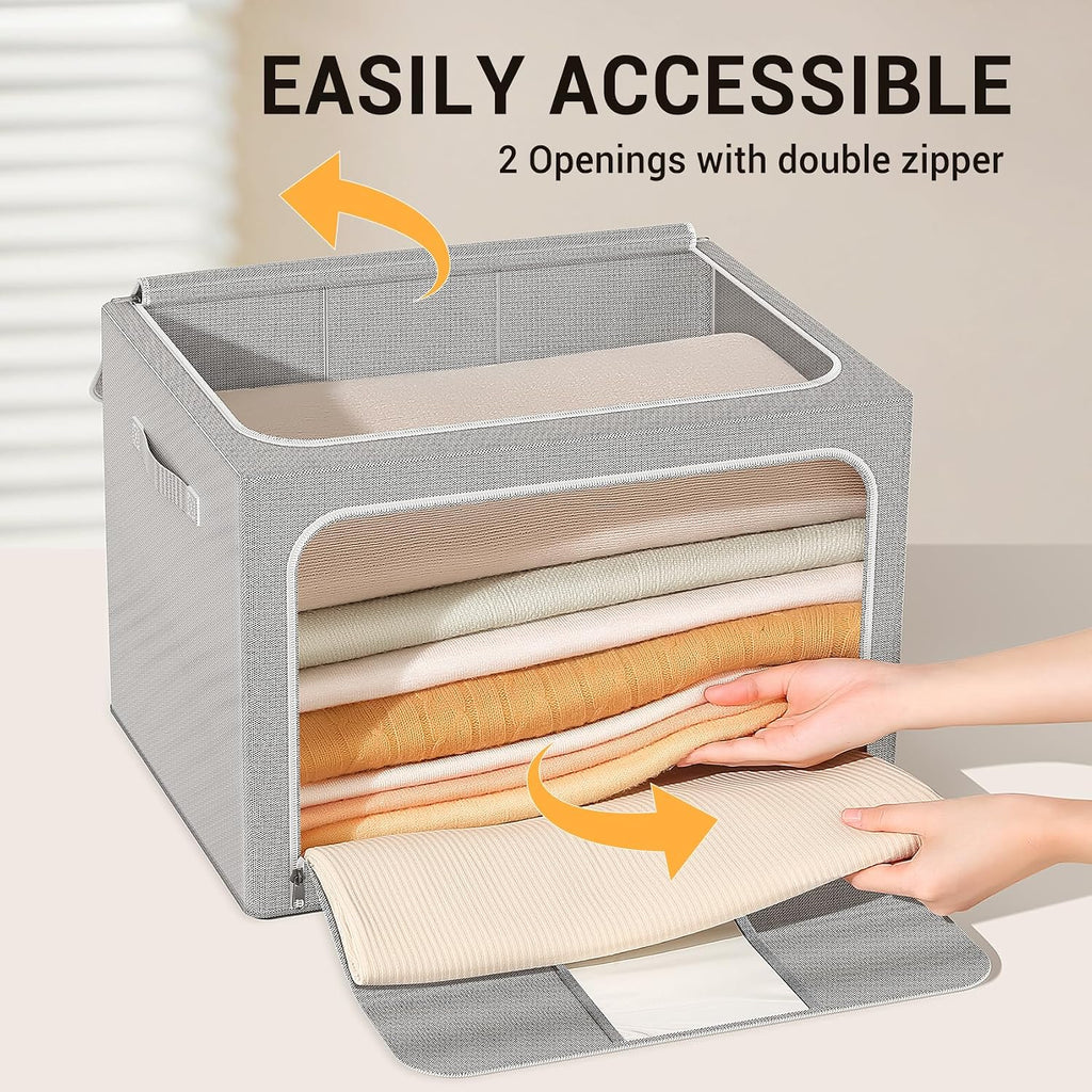 Clothes Storage Bins with Metal Frame Foldable Storage Box Clothes Organizers Storage Containers for Clothes Sheets Blankets Books Toys Gifts and Holiday Decorations (66Lx3 Pack)