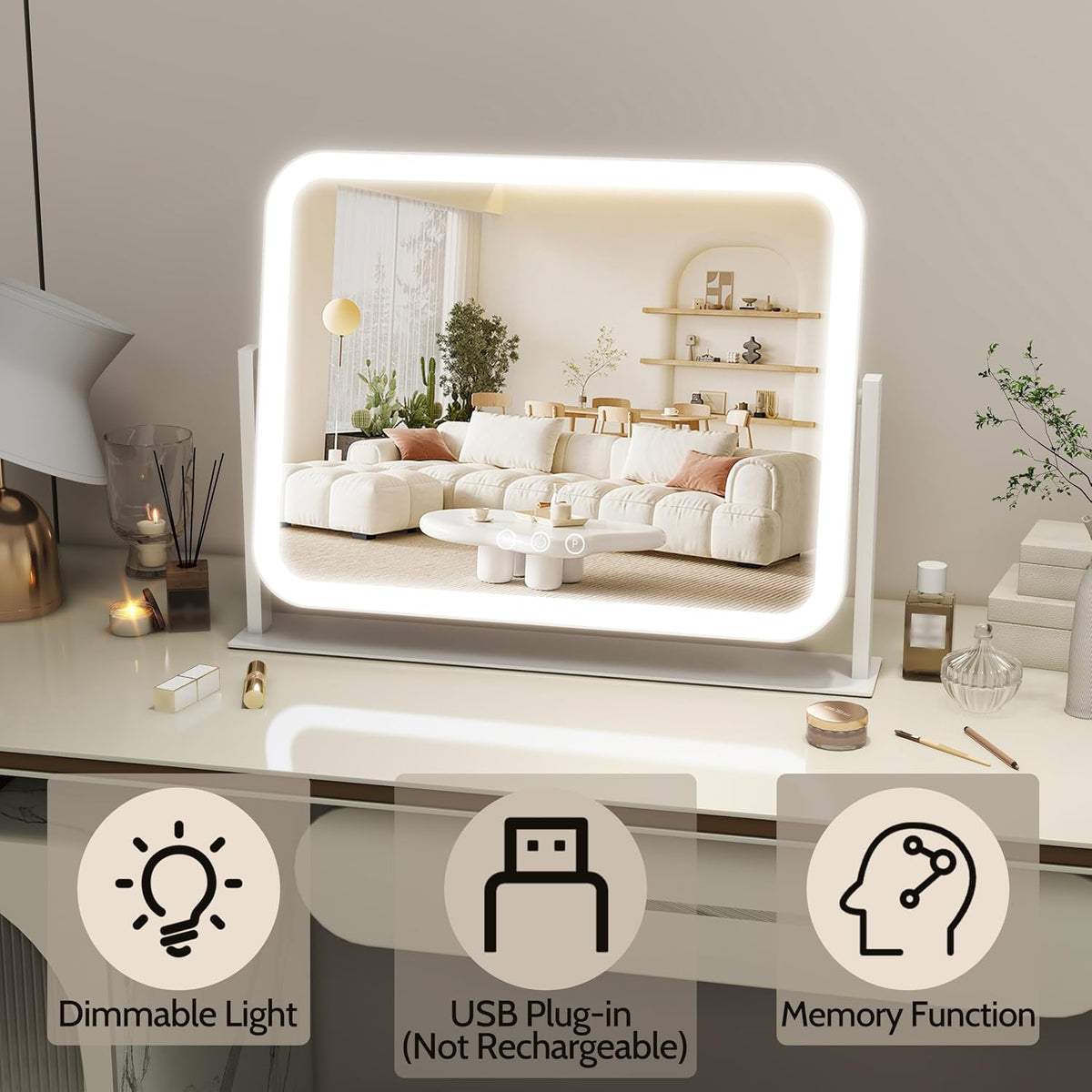 ROLOVE Lighted Makeup Mirror, 17"x13" Vanity Mirror with Lights, 10X Magnification, Gifts for Women, 3 Color Lighting Modes, Smart Touch Control, 360° Rotation for Bedroom or Tabletop (White)