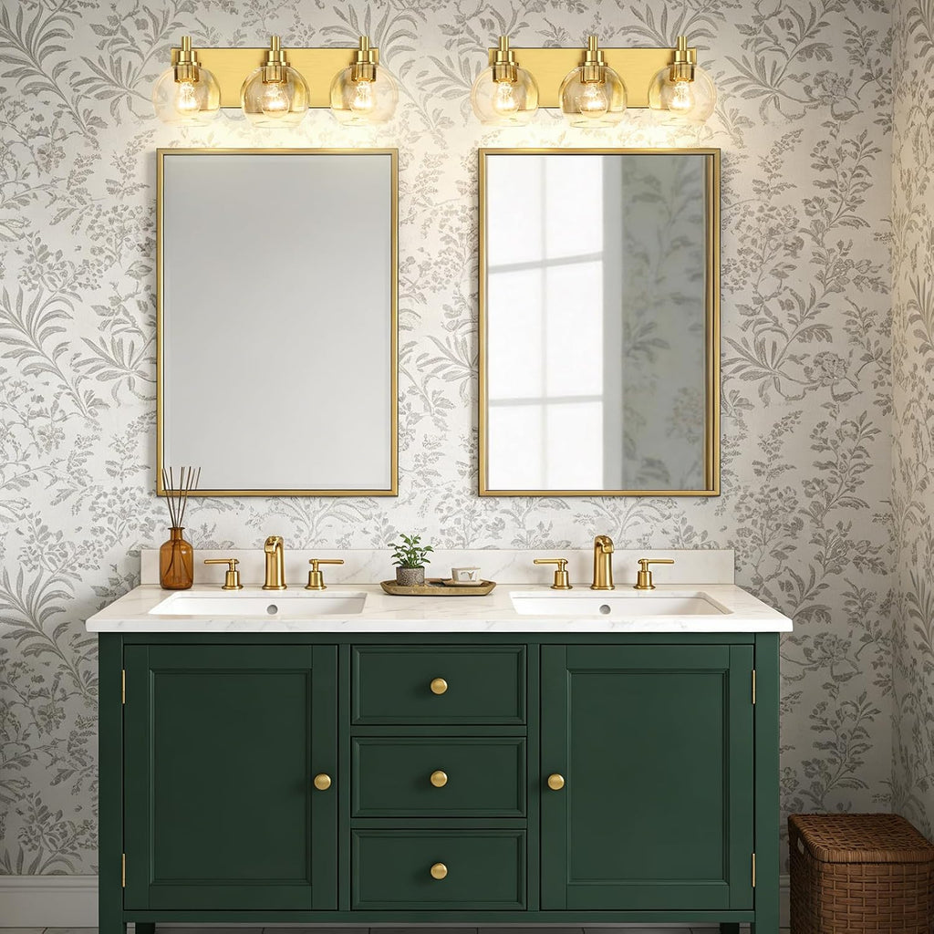 IZORRO Bathroom Light Fixtures, 3-Light Brushed Gold Vanity Light, Modern Wall Sconces with Globe Clear Glass Shade, Vanity Lighting Fixtures Over Mirror,E26 Bulb Socket