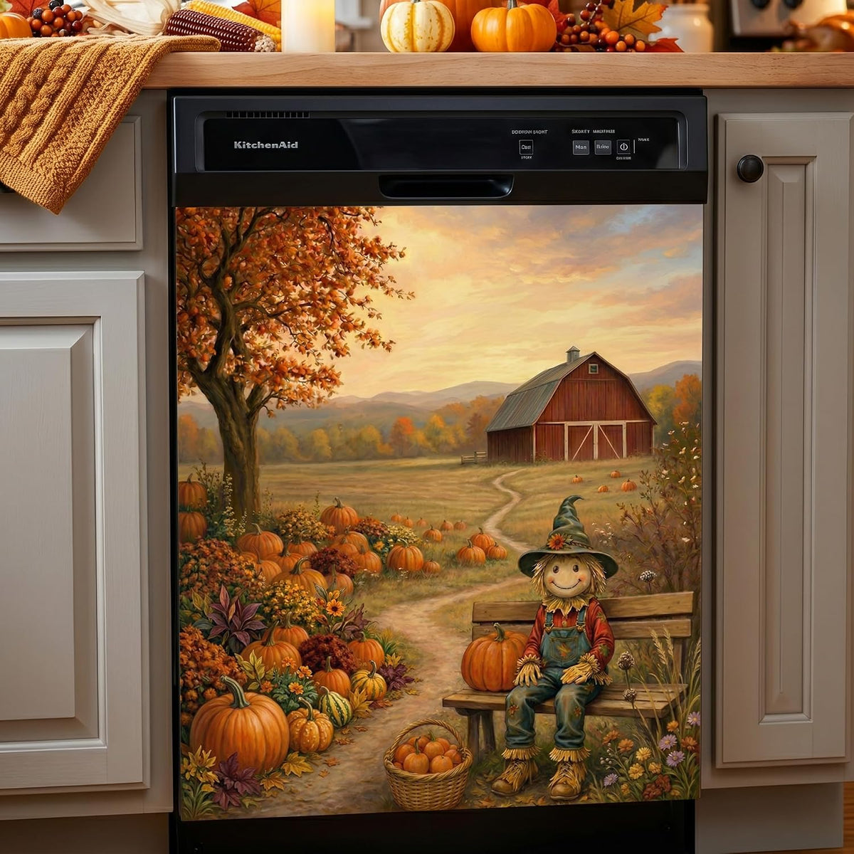 Thanksgiving Dishwasher Magnet Cover 23 x 25.5 Inch, Fall Farm Scarecrow Dishwasher Magnetic Cover, PVC Dishwasher Decorative Magnet for Kitchen Decor