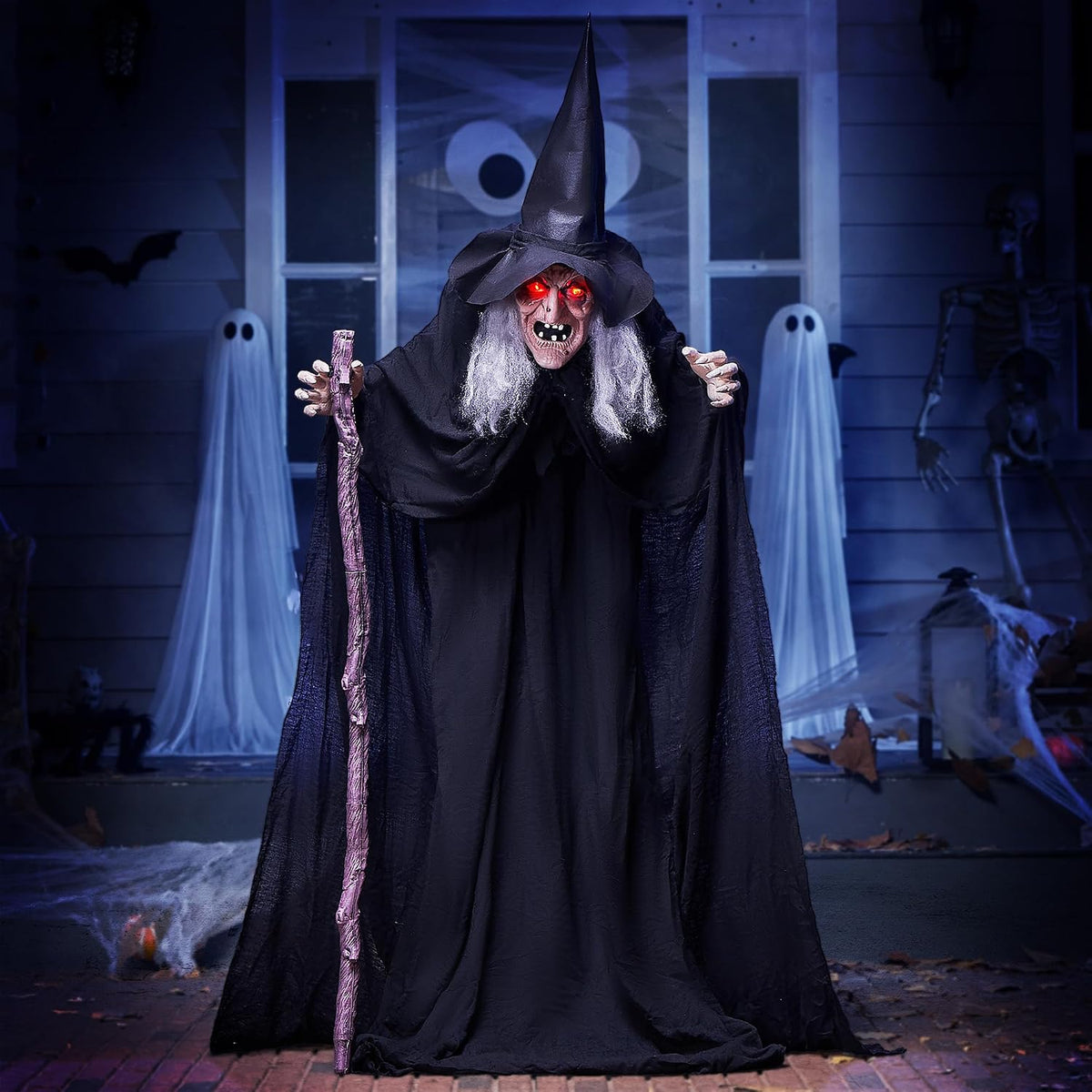 JOYIN Halloween Decorations Witch Life Size Animated with LED Eyes and Creepy Sound, Radar Motion Activated Animatronics Clearance for Haunted House Decor Outdoor Lawn Yard Patio