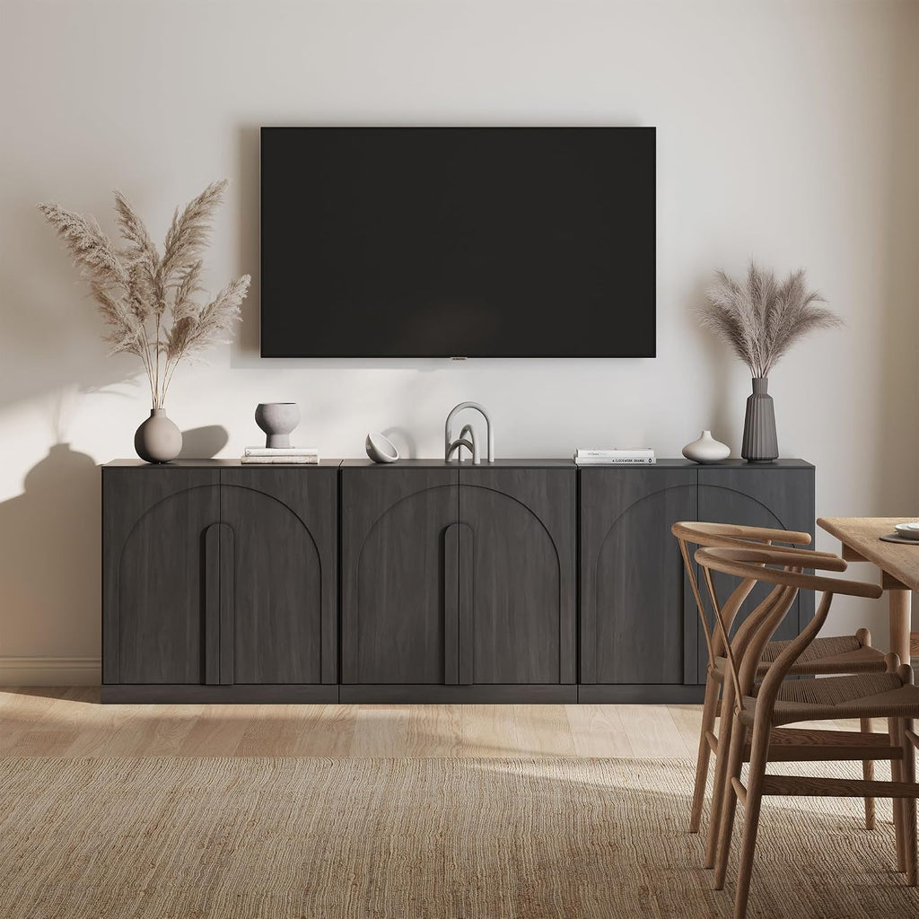 BELLEZE 65 Inch Fluted Buffet Cabinet with Storage, Symmetrical Arc Accent Sideboard Large Console Table for Dining Room, Kitchen, and Living Room (Caramel Brown)