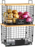 2 Set XL Stackable Wire Basket with Bamboo Tops & Tags- Pantry Organizer and Storage Bins, Kitchen Counter Cabinet Shelf Countertop Under Sink Organizing, Food Snack Produce Onion Potato Bread Storage