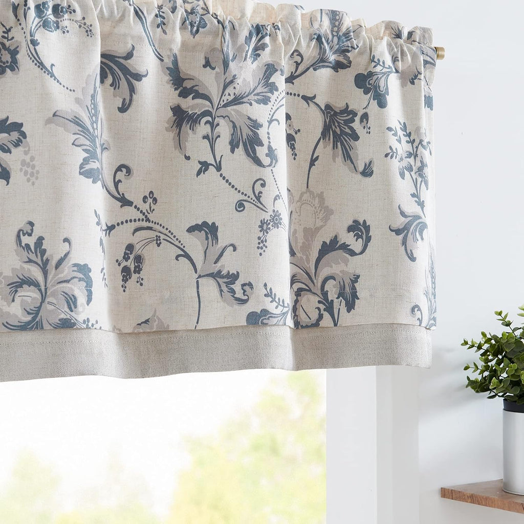 jinchan Floral Linen Cottage Kitchen Valance Curtain, 50x16, 1 Panel, Blue