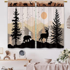 Farmhouse Forest Cabin Kitchen Curtains Rustic Wooden Small Short Cafe Window Curtains Tree Country Deer Bear Rod Pocket Bathroom Window Drapes Treatment Tier Curtains 2 Panels (26x24 Inch)