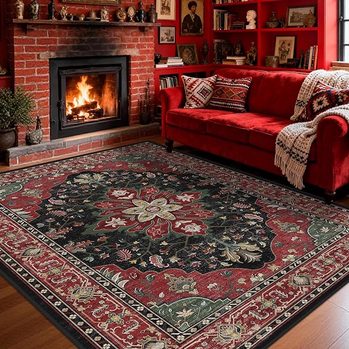 Area Rugs 5'x7' Washable Non-Slip, Floral Vintage Distress Print Pattern - Image 2