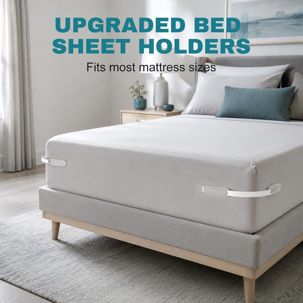 Bed Sheet Holders for Corners, 4PCS Lock Sheet Holders Keep Sheets Firm & Tight, Heavy Duty Non-Slip Fitted Sheet Holders, Easy Install Sheet Grippers, Universal Fit for All Mattress Sizes