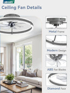 LEDIARY Ceiling Fans with Lights and Remote, 20'' Low Profile Ceiling Fan with Light, 3000-6000K Dimmable Fandelier Ceiling Fans, Modern Flush Mount Fan Light for Bedroom with 6 Wind Speeds-Sandy Gray