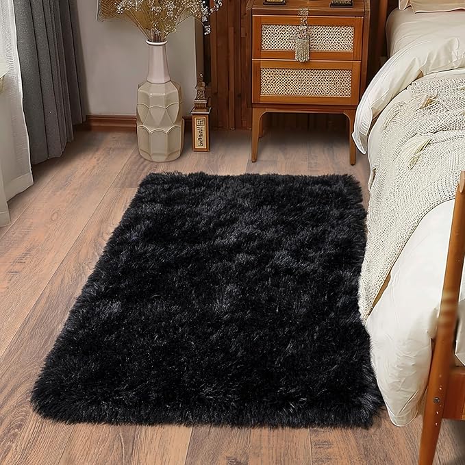 Soft Runner Rugs for Bedroom Hallways, 2x3 Black Fluffy Shag Throw Area Rug Non by Ailyei