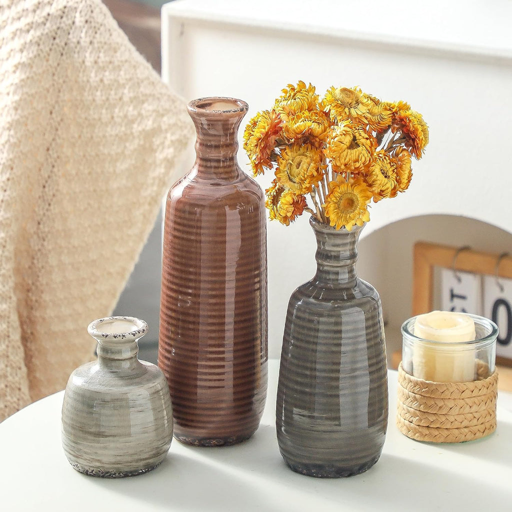 Ceramic Vases Set of 3, Neutral Rustic Farmhouse Vases Home Decor Decorative Flower Vase Modern Boho Pampass Vase for Table Mantel Entryway Shelf Living Room Kitchen Bathroom - Brown