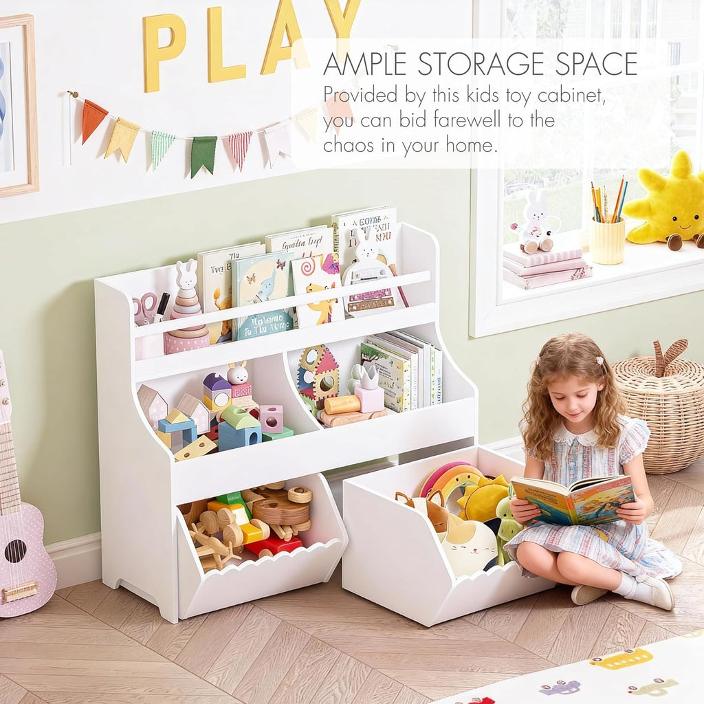 Spirich Kids Bookshelf with Bookcase and Roll-Out Toy Storage Organizer Box