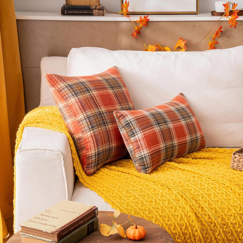AQOTHES Fall Plaid Orange Throw Pillow Covers 18x18 Inch Set of 2