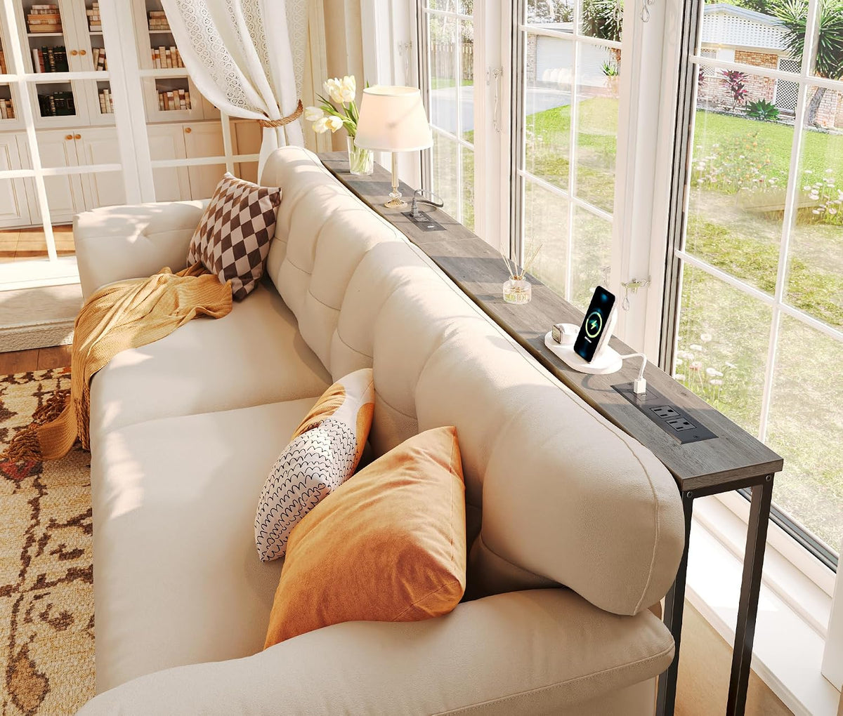 SUPERJARE 78.8 inch Narrow Behind Couch Table with 2 Charging Stations
