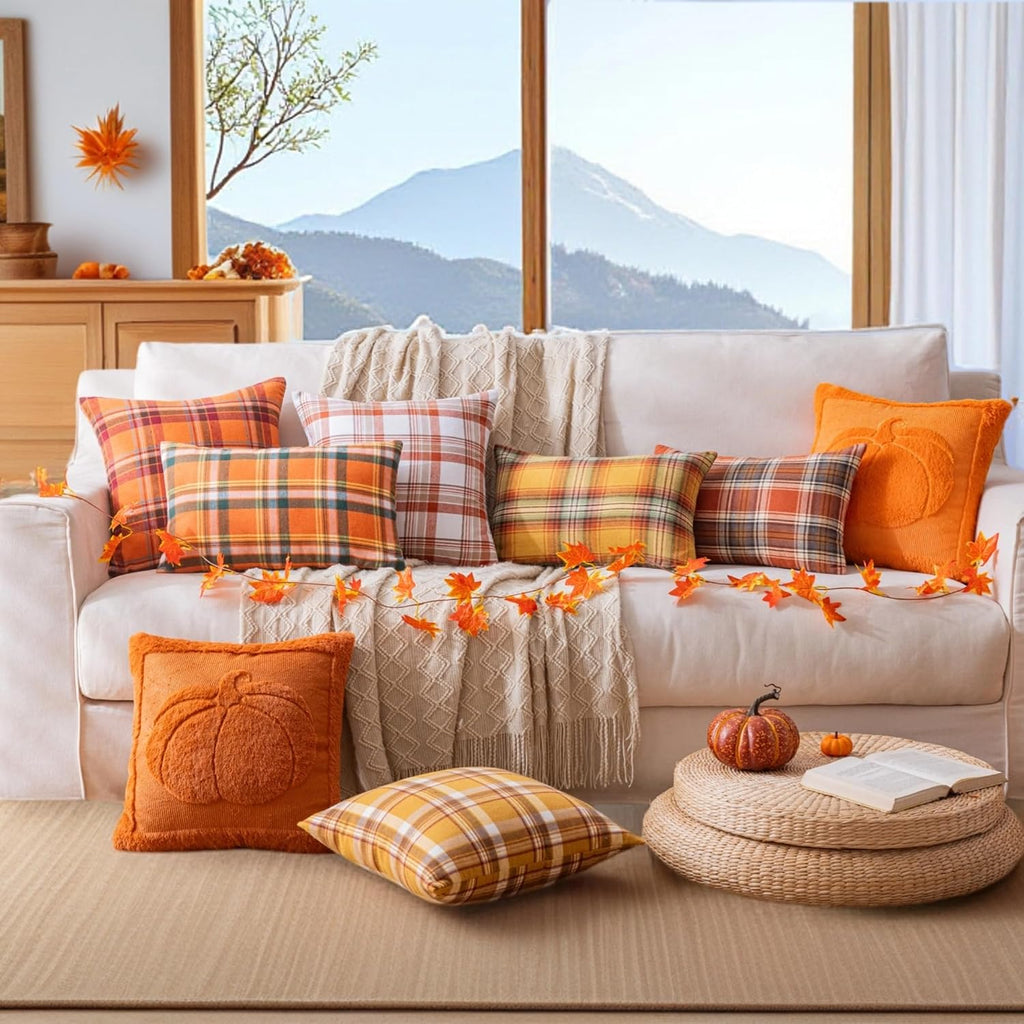 AQOTHES Fall Plaid Orange Green Throw Pillow Covers 18x18 Inch Set of 2
