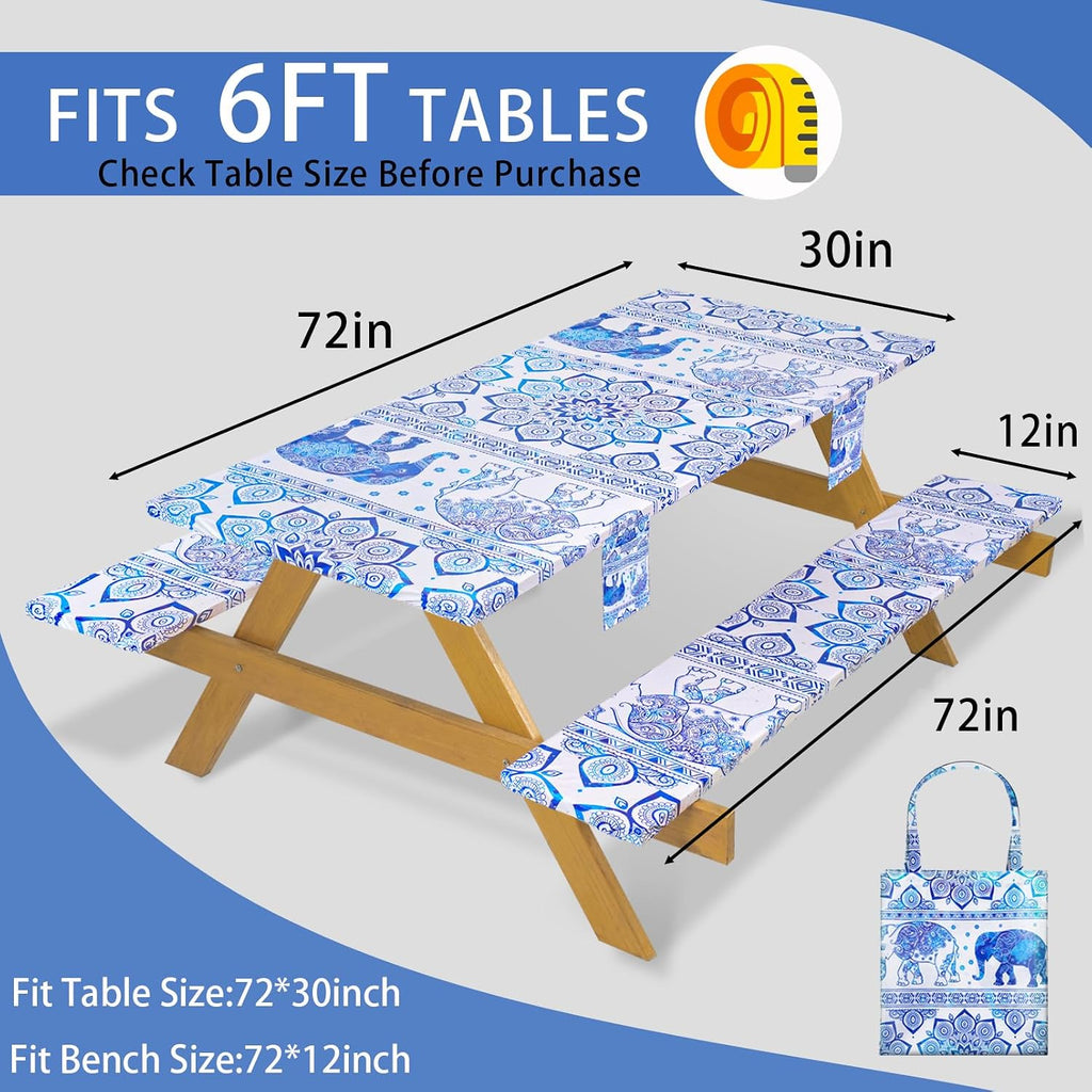 Fitted Waterproof Picnic Table Cover with Bench Covers Heavy Duty Elastic Outdoor Camping Tablecloth for 6 Foot Rectangle Tables Summer Rv Accessories Patio Garden Road Trip Essentials Gifts