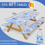 Fitted Waterproof Picnic Table Cover with Bench Covers Heavy Duty Elastic Outdoor Camping Tablecloth for 6 Foot Rectangle Tables Summer Rv Accessories Patio Garden Road Trip Essentials Gifts