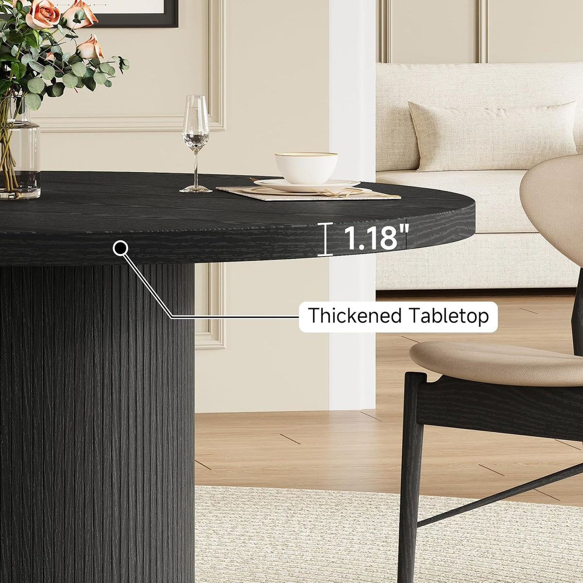 ComfyCorner 47" Round Dining Table, Circle Fluted Kitchen Table Only Black