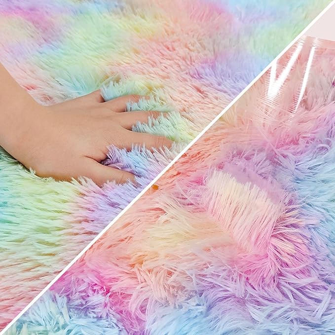 Fluffy Rainbow Rug for Girls Bedroom 2x6 Feet Kawaii Tie Dye Runner Rug Cute - Image 6