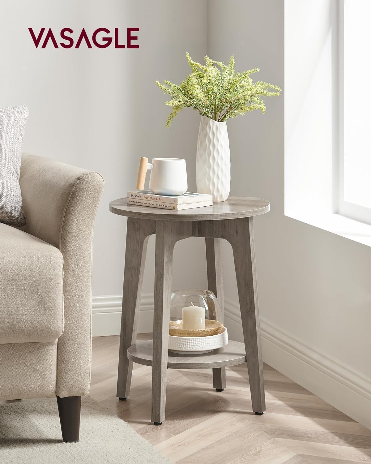 VASAGLE Round Side Table with Lower Shelf, End Table for Small Spaces