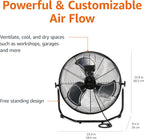 Amazon Basics 20" High Velocity Industrial Cooling Floor Fan with 3 Speeds, Tilt Head, ETL-Listed Safety Compliance, Metal Housing and Blades, for Commercial Space/Garage/Gym, 125W, Black