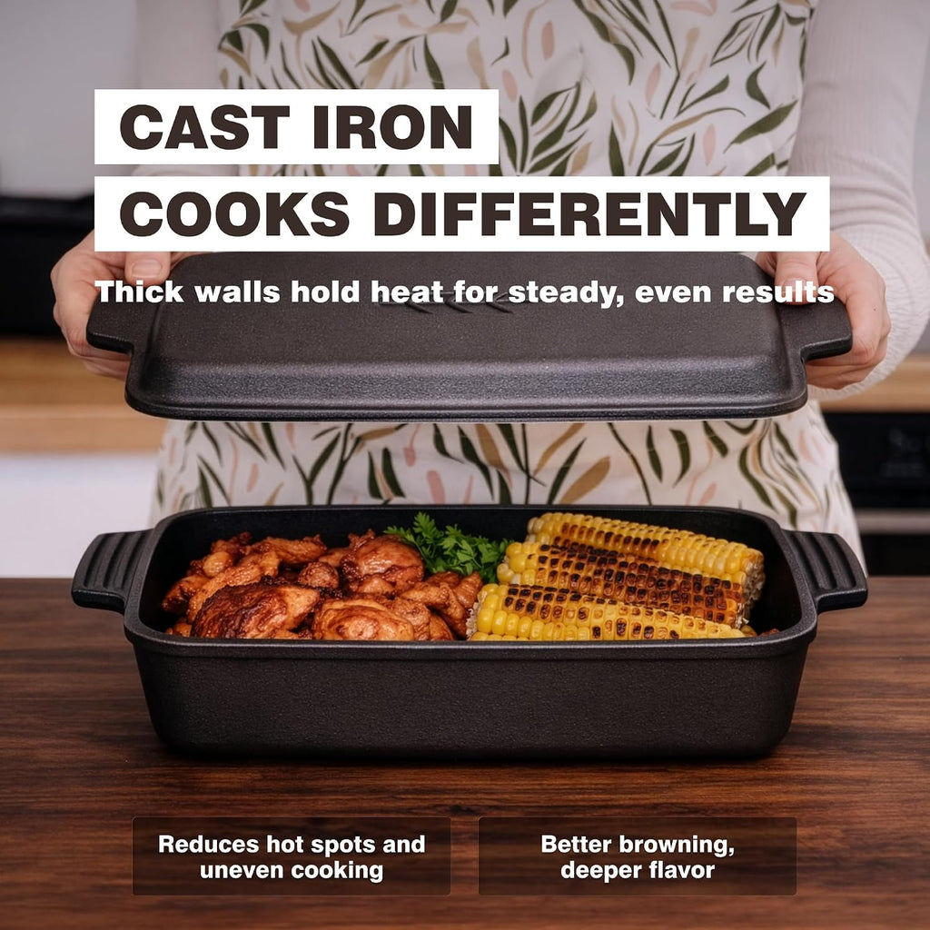 KUHA Square Cast Iron Dutch Oven, Skillet Lid and Casserole Dish, 3.75 QT