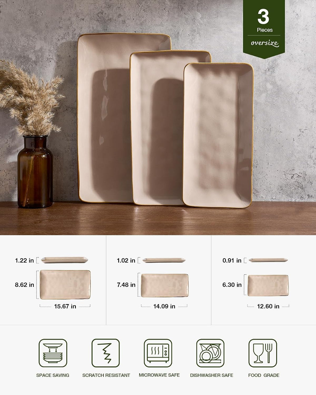 Famiware Serving Platters Set of 3 Sizes - Rectangular, Cinnamon Brown