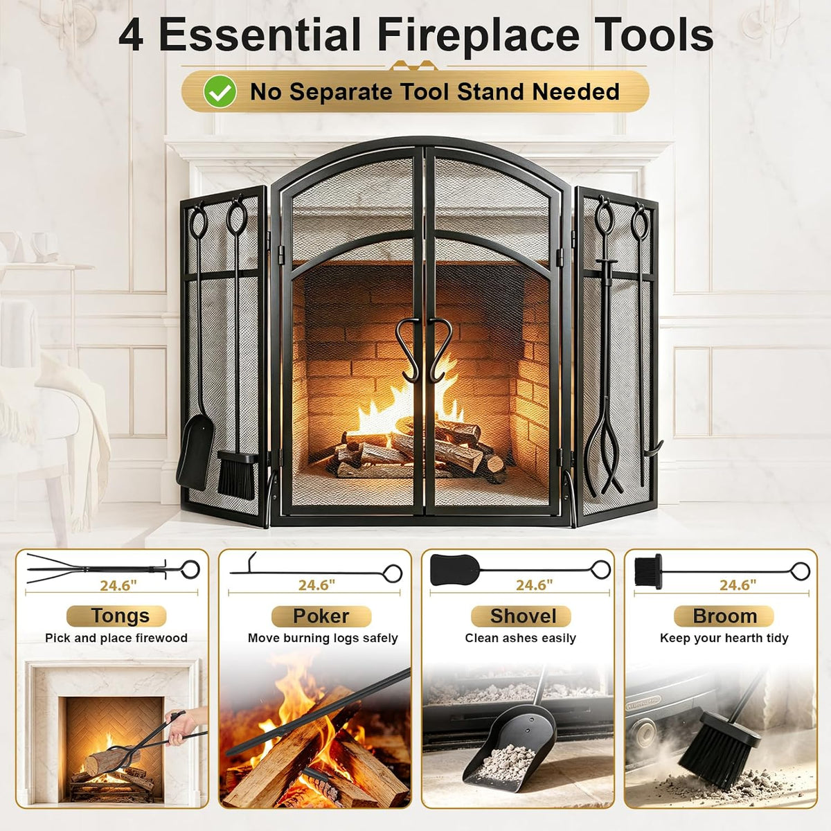 3 Panel Fireplace Screen with Doors & 4-Pcs Fireplace Tools Set