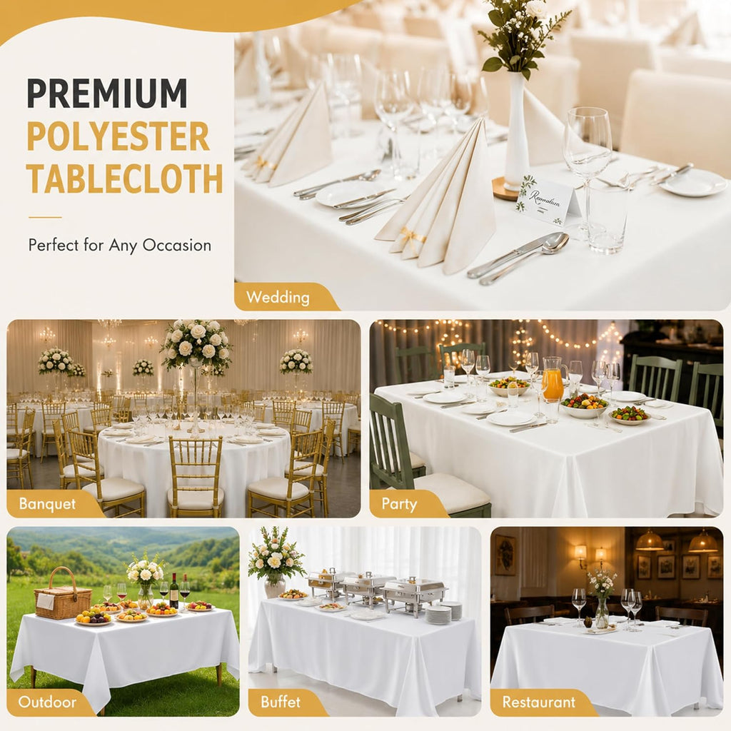 2-Pack 60x102 inch White Table Cloths, Solid Stain and Wrinkle Resistant Oblong Tablecloth, Premium Plain Weave Polyester Fabric Rectangle Table Linen Covers for Hotel, Wedding