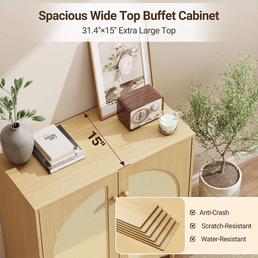 Mericonia 30 Inch Buffet Cabinet with Storage, Boho Sideboard with Rattan Decorated Doors & Adjustable Shelf, Accent Credenza Coffee Bar for Kitchen, Dining Room, Living Room, Entryway