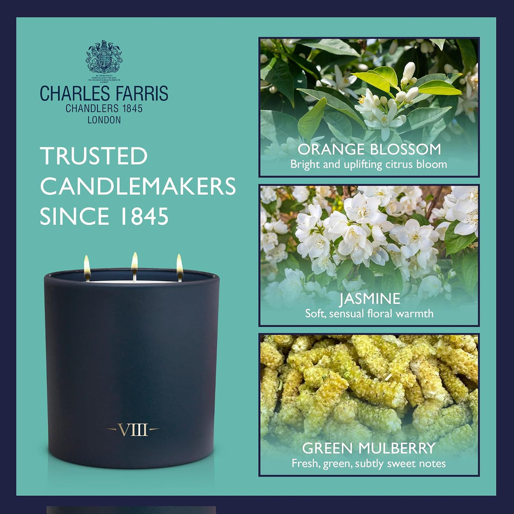 Charles Farris Luxury Scented Candle – 3 Wick, Hand-Poured, Long Lasting, Clean Burning, 640g / 22.5oz, Up to 80 Hour Burn, Made in England – Orange Blossom, Jasmine, Green Mulberry – Elizabeth