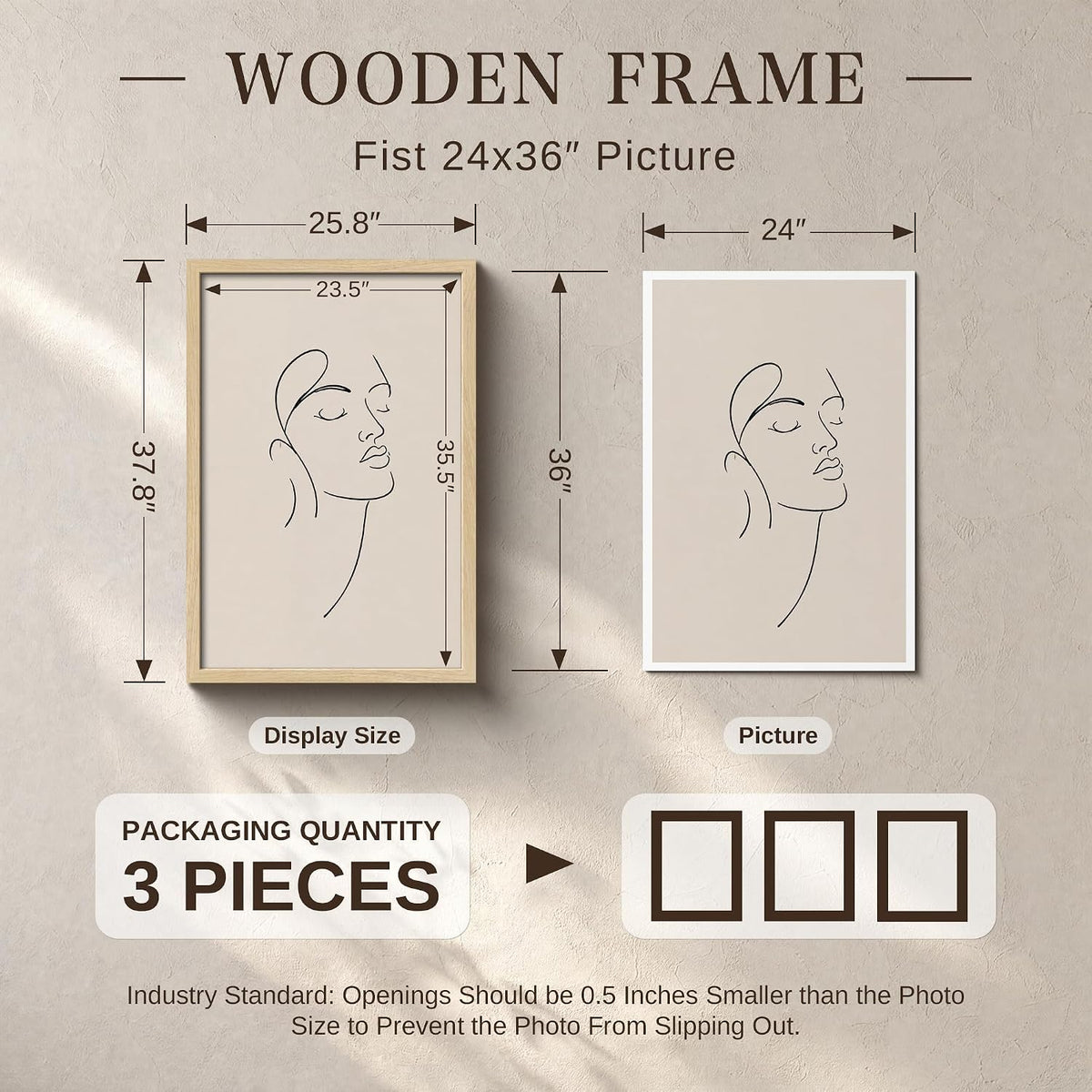 VCK 24x36 Poster Frame Set of 3, Natural Solid Wood, Wall Hanging