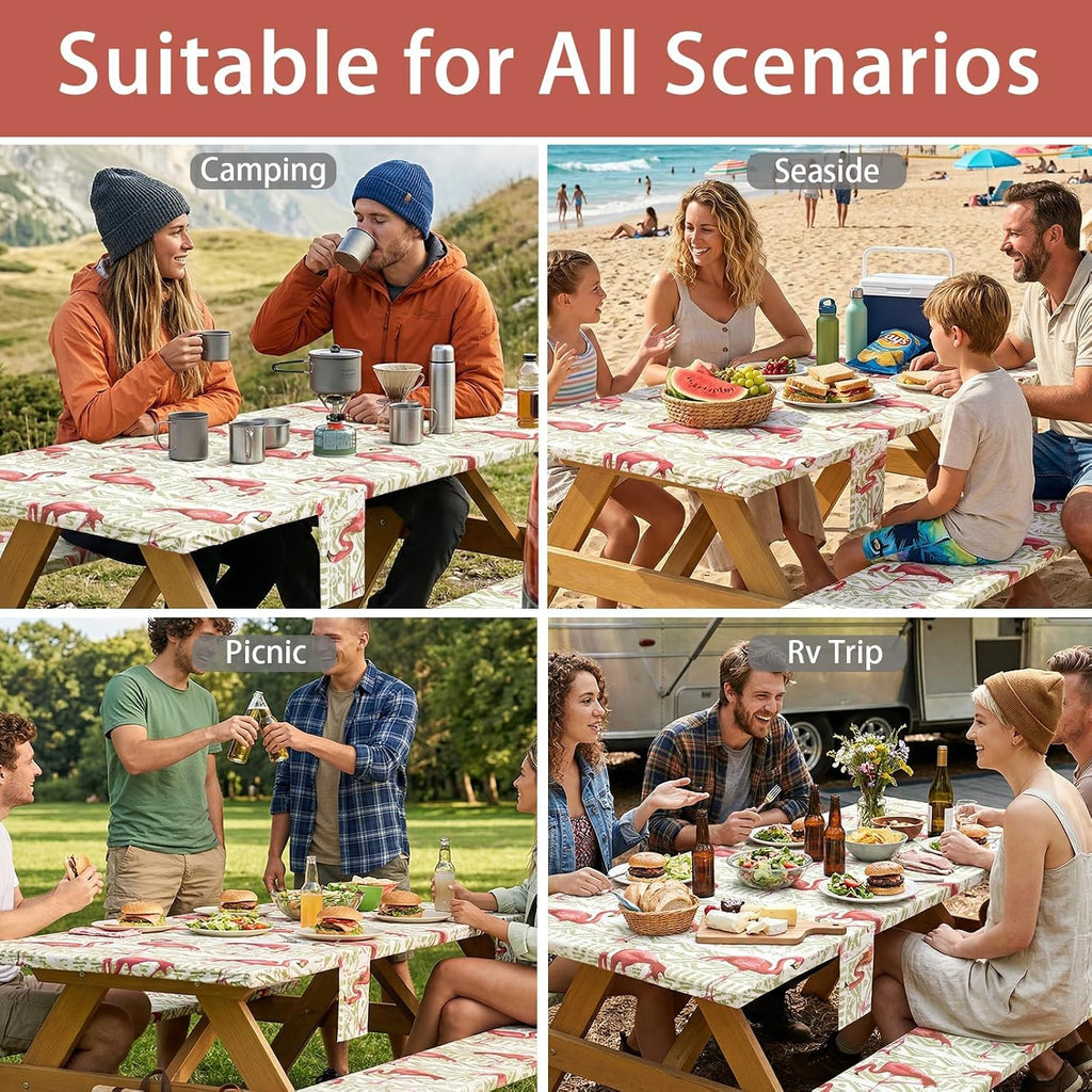 Fitted Waterproof Picnic Table Cover with Bench Covers Heavy Duty Elastic Outdoor Camping Tablecloth for 6 Foot Rectangle Tables Summer Rv Accessories Patio Garden Road Trip Essentials Gifts