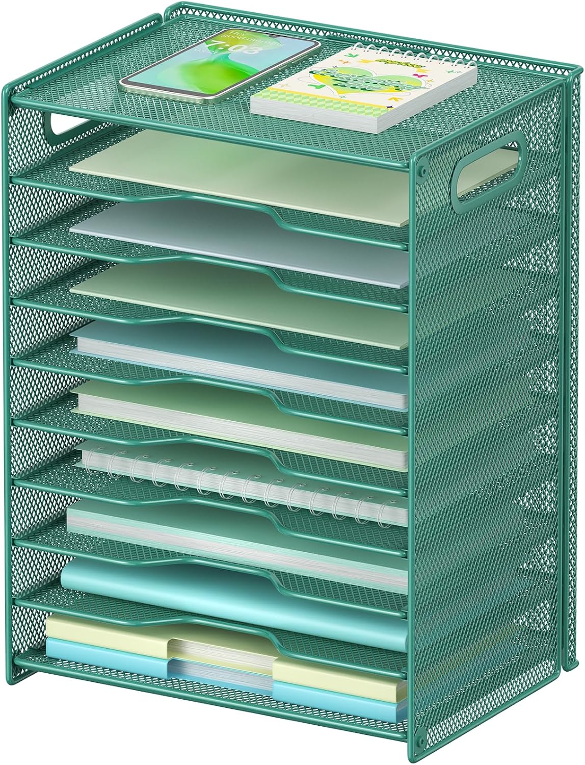 OUTWOLF 10 Tier Paper Organizer - Letter Tray Mesh Desk File Organizer with Handles for Office School Desktop, Black