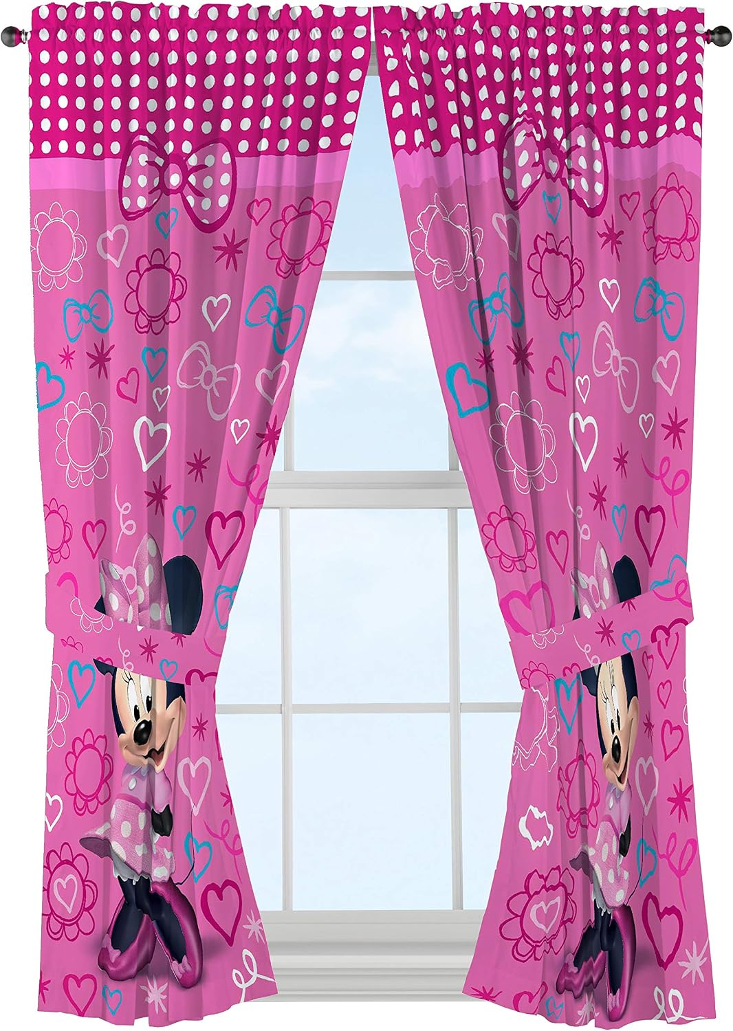 Jay Franco Kids Window Drapes - 4 Piece Curtain Set Includes 2 Tiebacks, Beautiful Bedding Room Décor and Easy Set Up, Pink - Minnie Mouse, 63 Inch