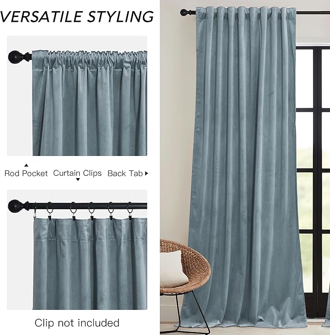 RYB HOME Stone Blue Velvet Curtains 90 inches Long - Image 3