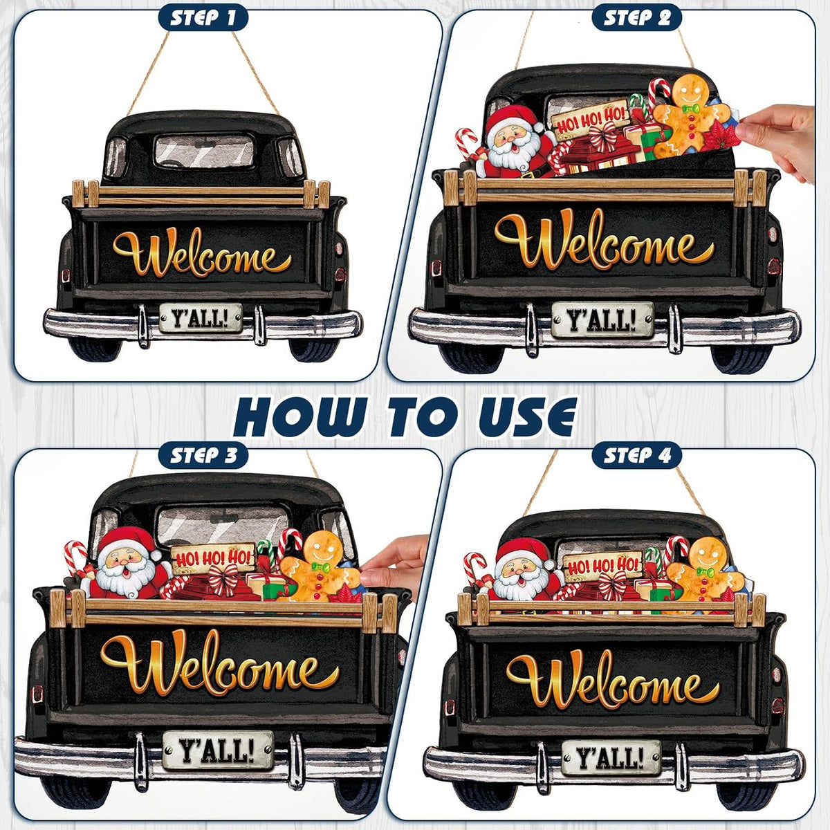 Ferraycle 13 Pcs Interchangeable Welcome Sign Halloween Seasonal Black Truck Decor Door Signs with 12 Holiday Icons Rustic Farmhouse Interchangeable Holiday Decor