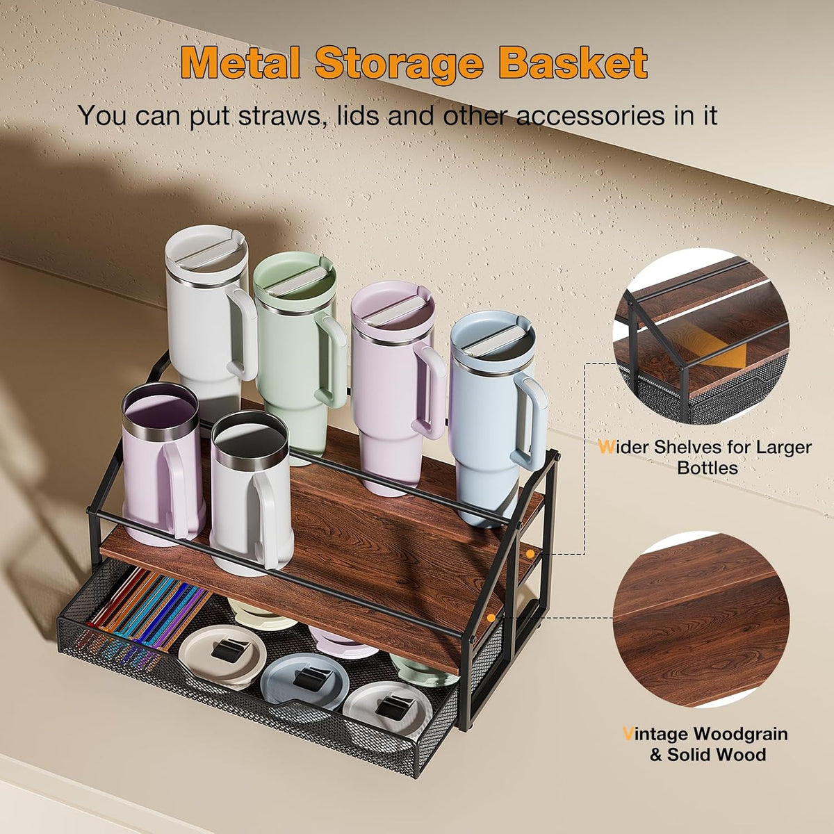 MOJOHAND 3-Tier Stanley Cup Rack with Basket for 8 Tumblers