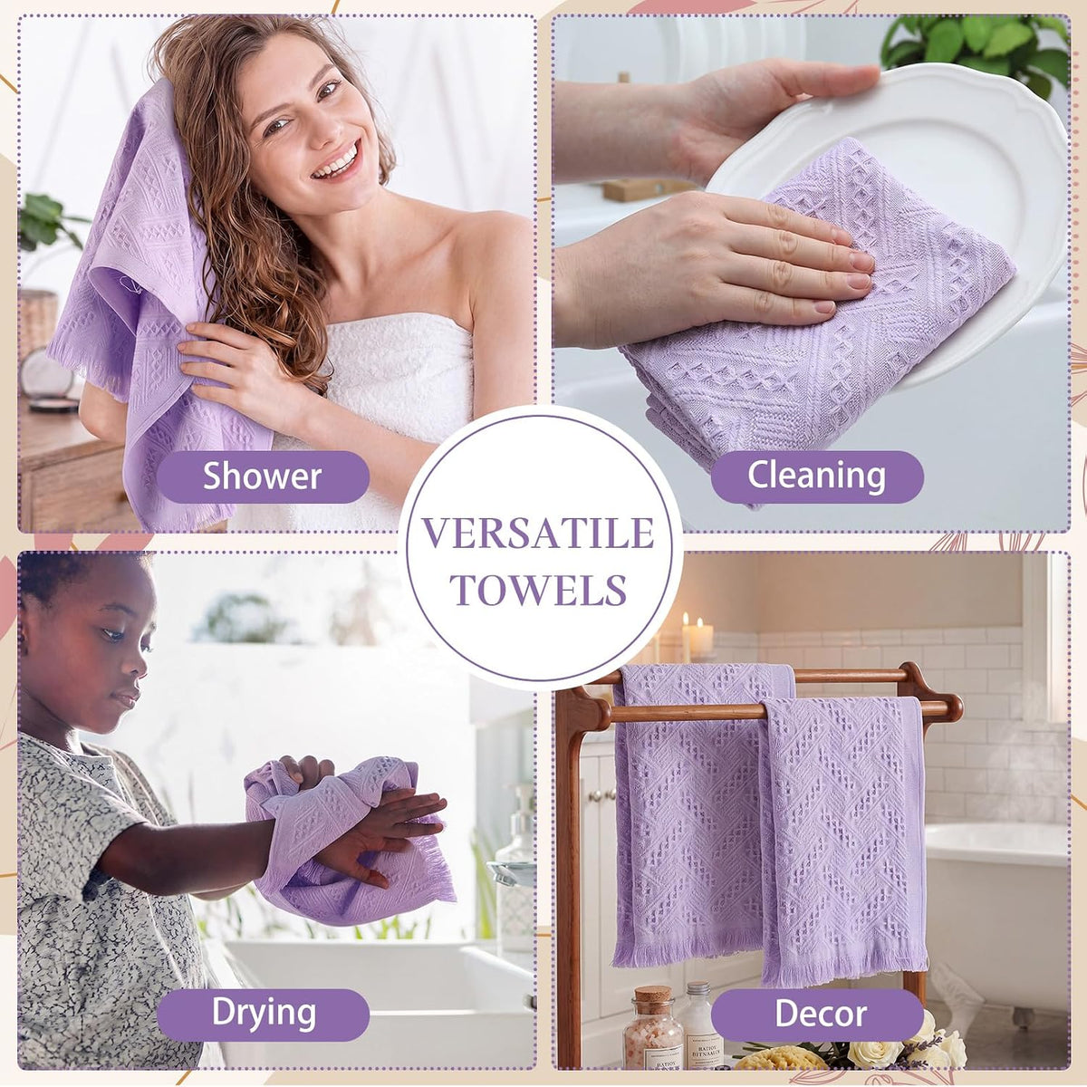 4 Pack Boho Hand Towel for Bathroom Kitchen, Light Purple