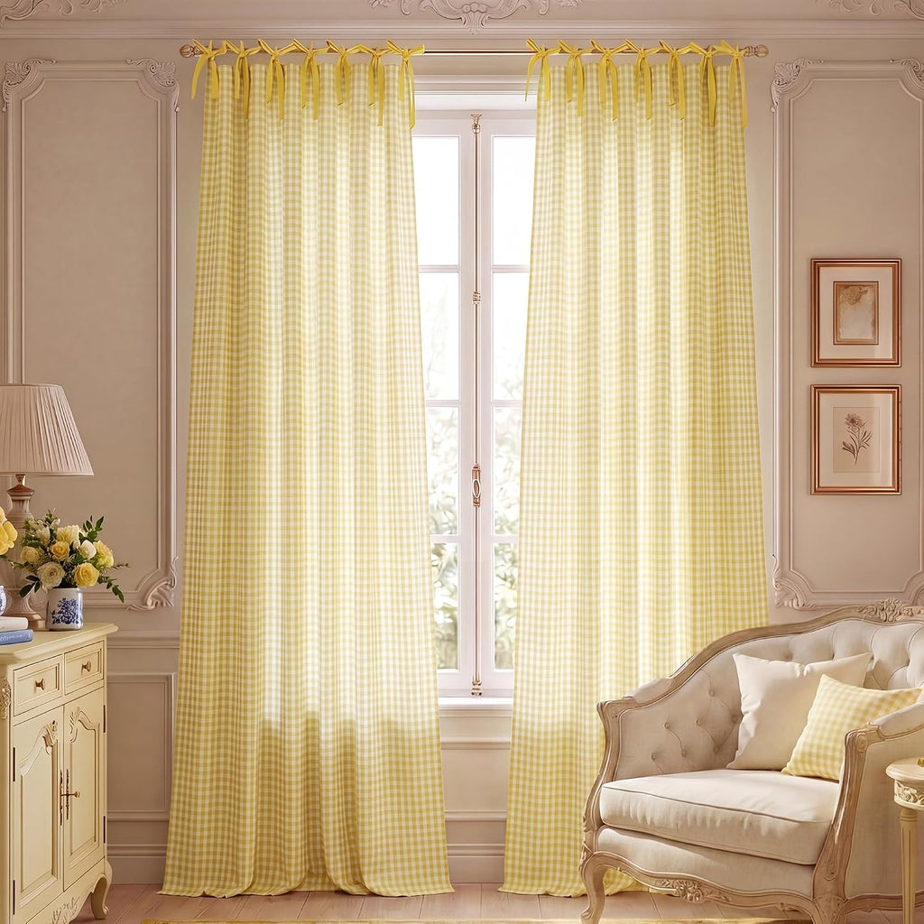 NICETOWN Butter Yellow Gingham Curtains, Tie Top Bow Knot Checkered Window Treatments Cheerful Rustic Farmhouse Semi Sheer Plaid Light Filtering Drapes for Kitchen Dining Room, W52 x L84, 2 Panels