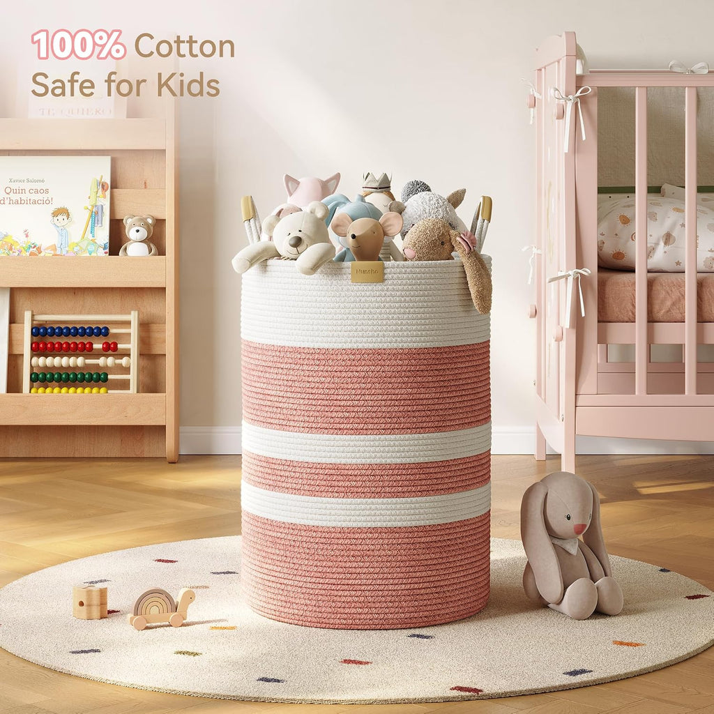 95L Laundry Hamper with Leather Handles，Laundry Basket,Coral Pink&White