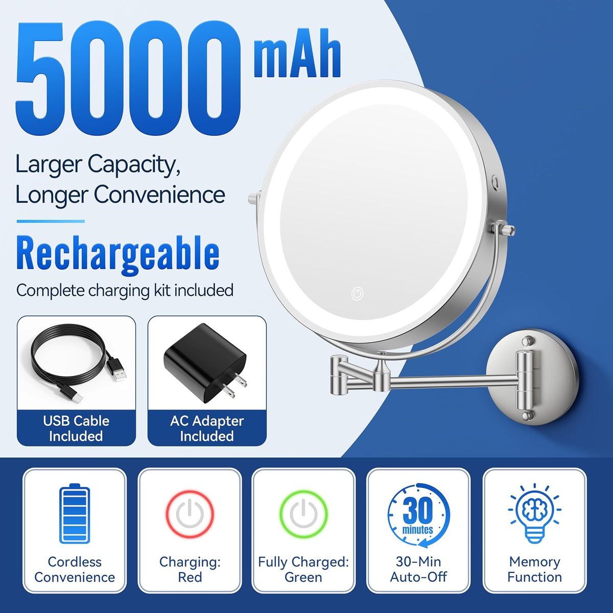 Auxmir 9″ 5000mAh 1X/30X Wall Mounted Lighted Magnifying Makeup Mirror