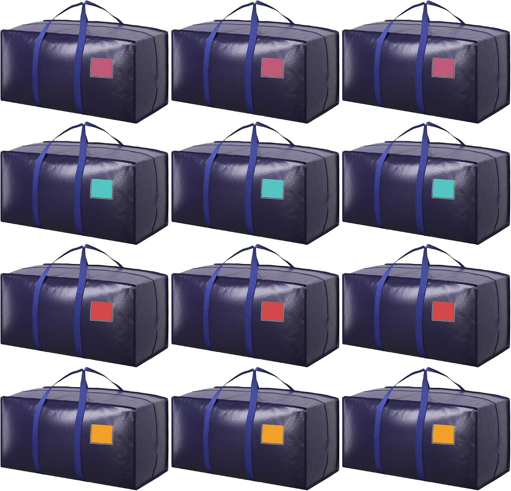 12 Pack Moving Bags with Full-Open Side Zipper, Extra Large 93L Heavy Duty Waterproof Foldable Storage Totes for College Dorm, Moving & Home OrganizationDarkBlue