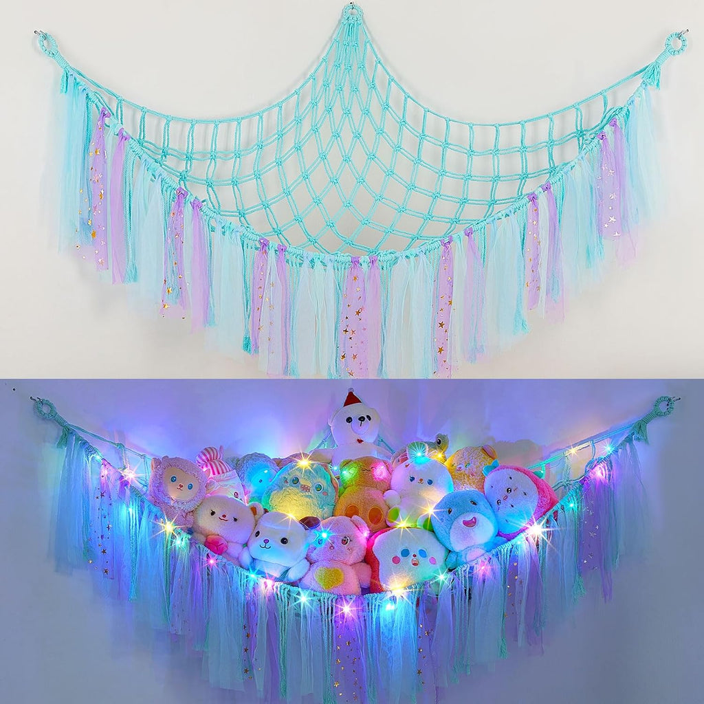 Stuffed Animals Net LED Light Toy Hammock for Kids Bedroom Storage