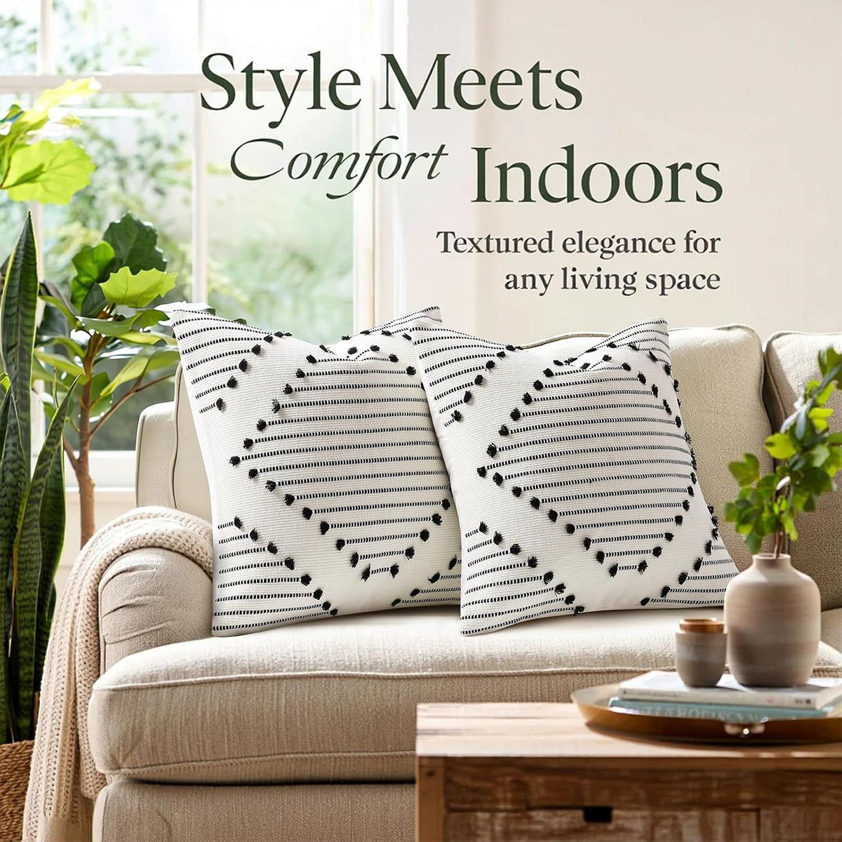 Mecatny Boho Outdoor Throw Pillow Covers 18x18 Set of 2 Black & Cream White