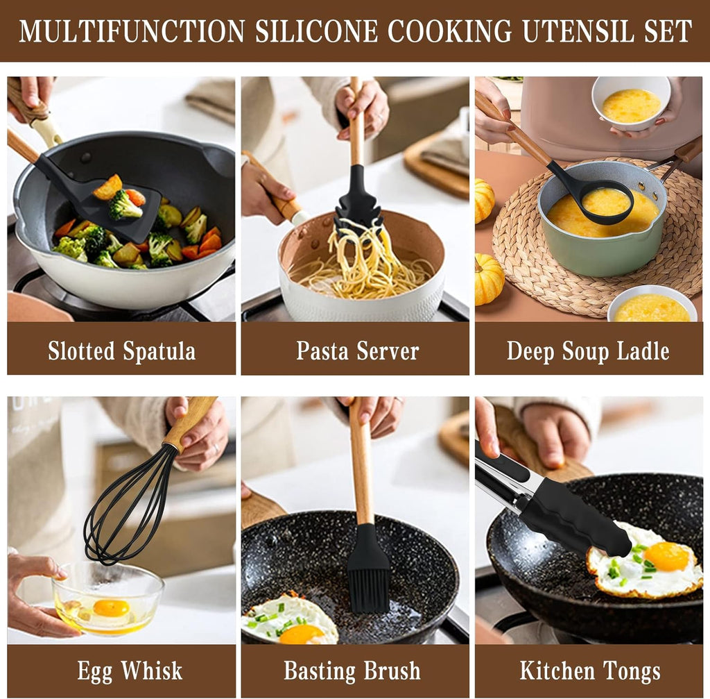 Umite Chef Kitchen Cooking Utensils Set, 33 pcs Non-Stick Silicone Cooking Kitchen Spatula Set with Holder, Wooden Handle Silicone Kitchen Gadgets Utensil Set (Black)