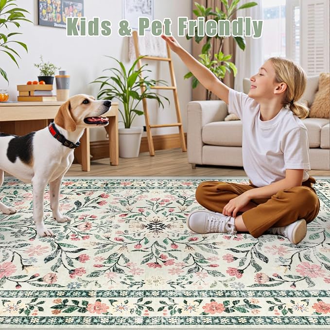 Area Rugs 9x12 Living Room: Floral Washable Rug Vintage Large Soft Boho - Image 7